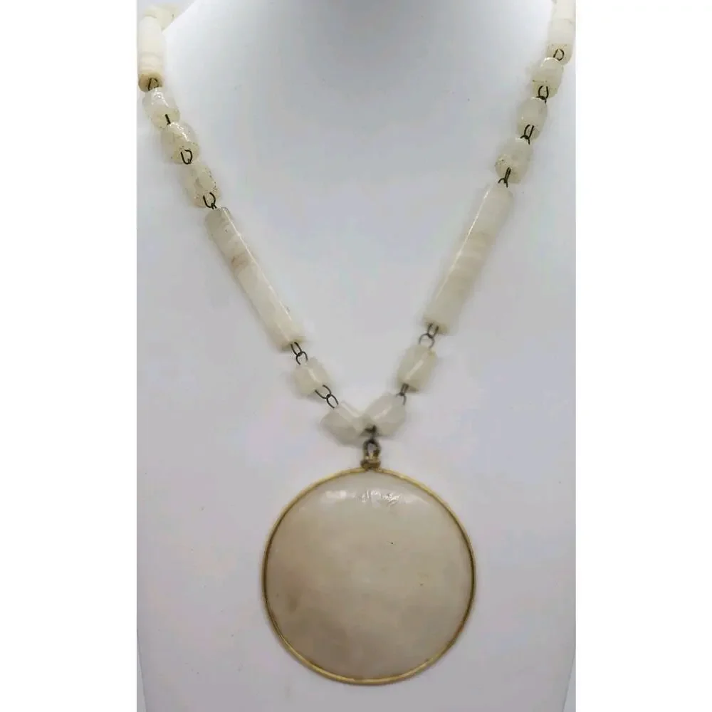 Vintage Necklace Pendant Medallion Myan Sun God Carved Quartz Beaded Chain Gem